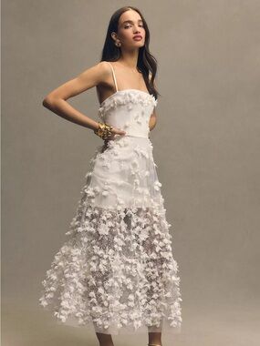 Anthropologie White 3D Floral Appliqué Spaghetti-Strap Midi Dress